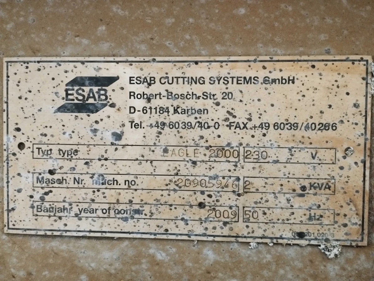 ESAB CNC EAGLE 2000 plasma cutter, 3x1.5m size, manufactured in 2009